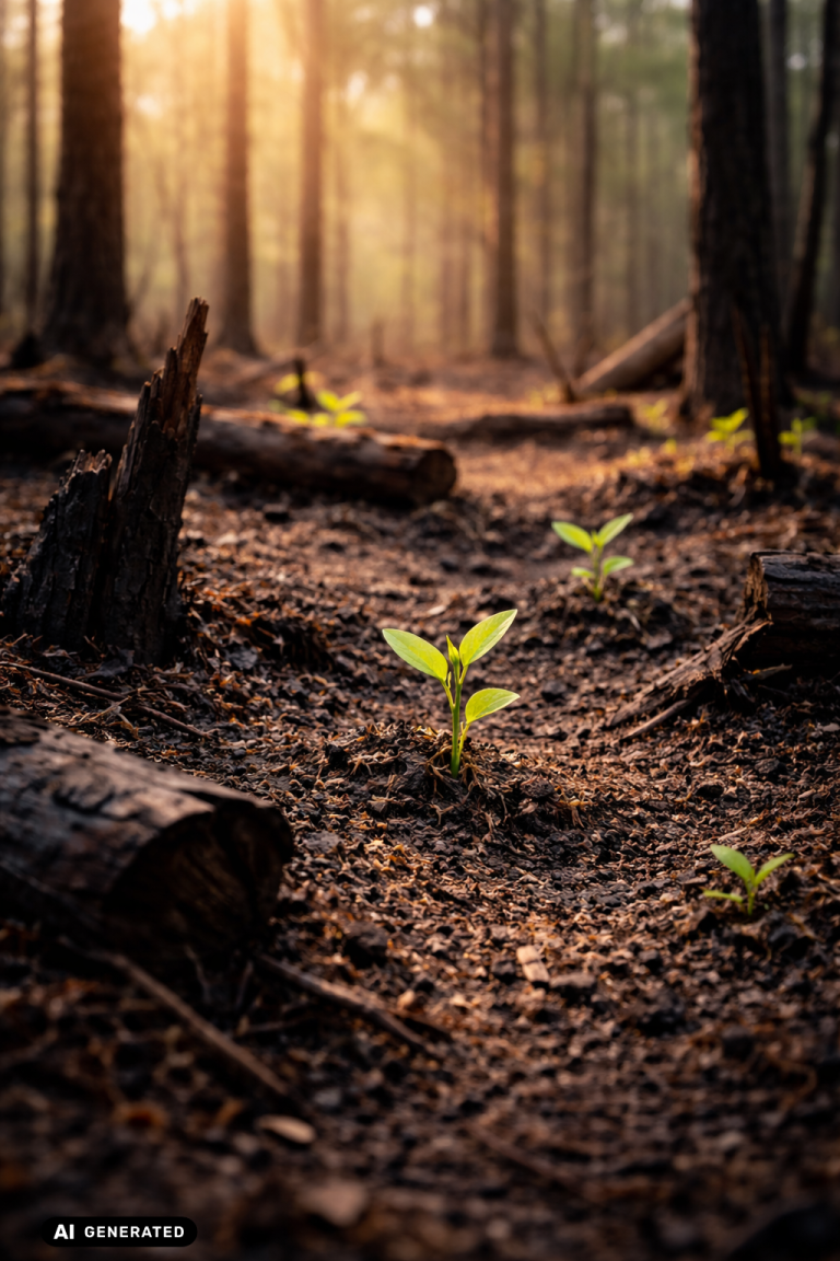 Wald nach leichtem Brand mit neuem grünen Trieb, Symbol für Erschöpfung und Regeneration.
