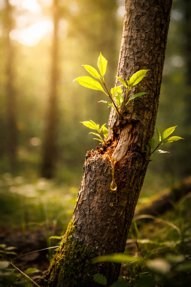Verwundeter Baumstamm mit Harz im Wald, Symbol für Verletzung und natürliche Heilungsprozesse.