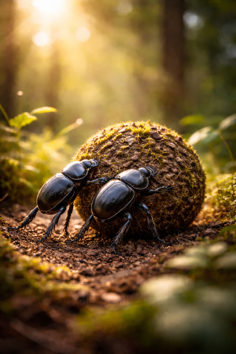 Zwei Dungkäfer rollen gemeinsam eine Kugel im sonnigen Waldboden, Symbol für geteilte Verantwortung in Begleitung pflegender Angehöriger