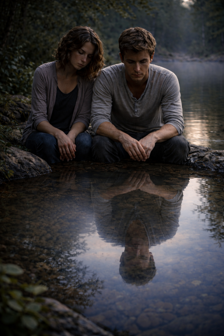 Paar am See mit einseitiger Spiegelung im Wasser, Symbol für narzisstische Beziehungsmuster und fehlende Resonanz.