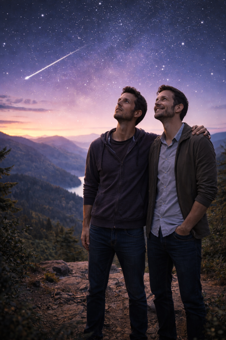 Zwei identische Personen begegnen sich auf einem Bergplateau unter einer Sternschnuppe, Symbol für Integration von Selbstzweifeln & Mobbing