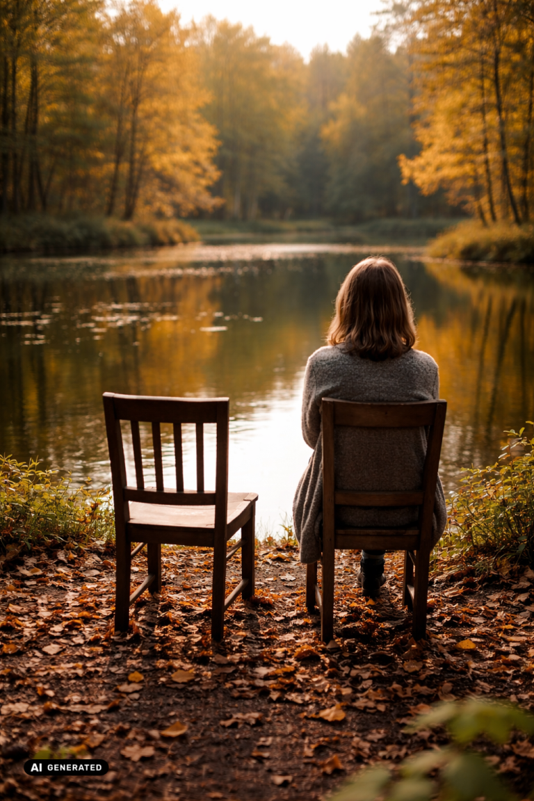 Frau sitzt neben einem leeren Stuhl an einem herbstlichen Weiher im Sonnenlicht, Symbolbild für Trauer, Abschied und Verlustverarbeitung.
