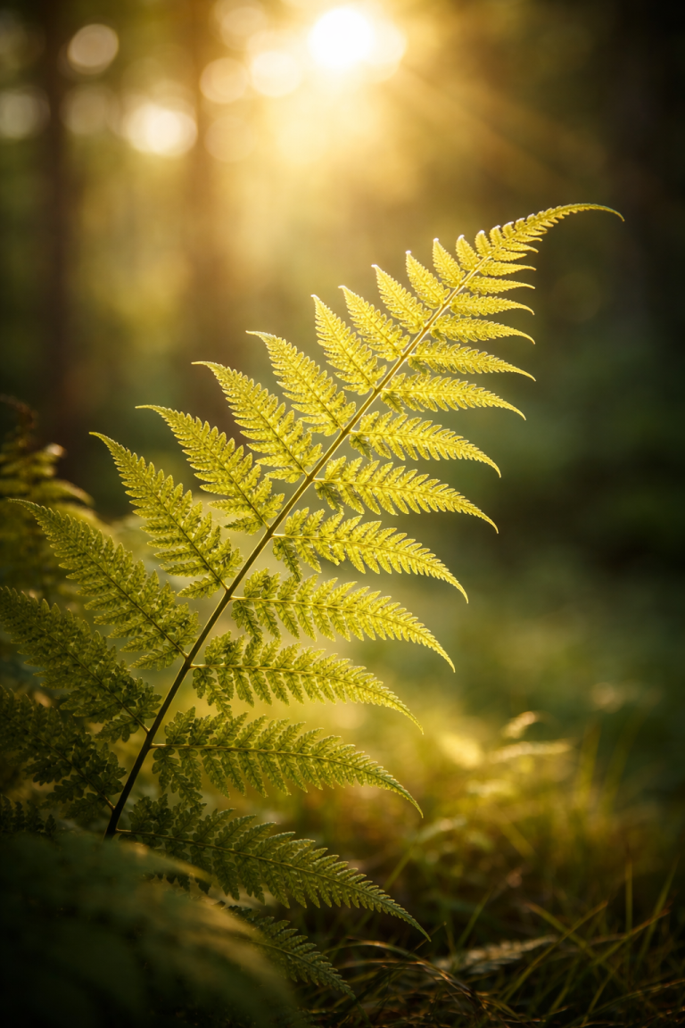 Farnblatt im Gegenlicht im Wald, Symbol für feine Wahrnehmung und sensible Reizverarbeitung.